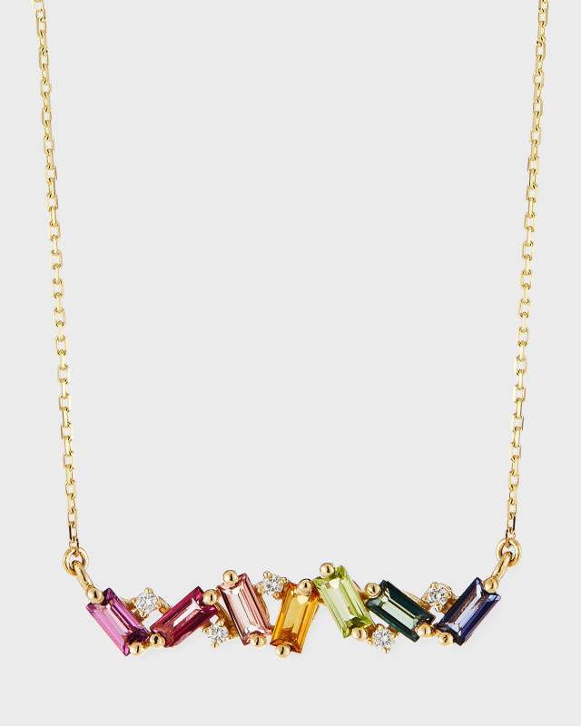 14K Yellow Gold Rainbow Zigzag Bar Necklace with Diamonds