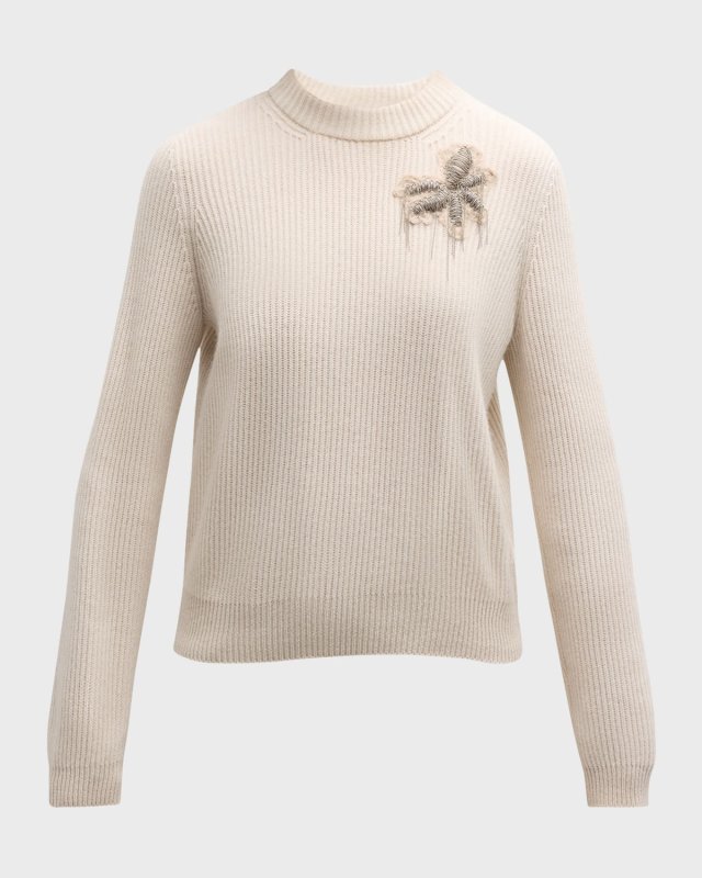 Monili Floral Crest Cashmere Rib Knit Crewneck Sweater