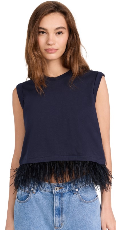 Cinq à Sept Cropped Feather Tee Navy