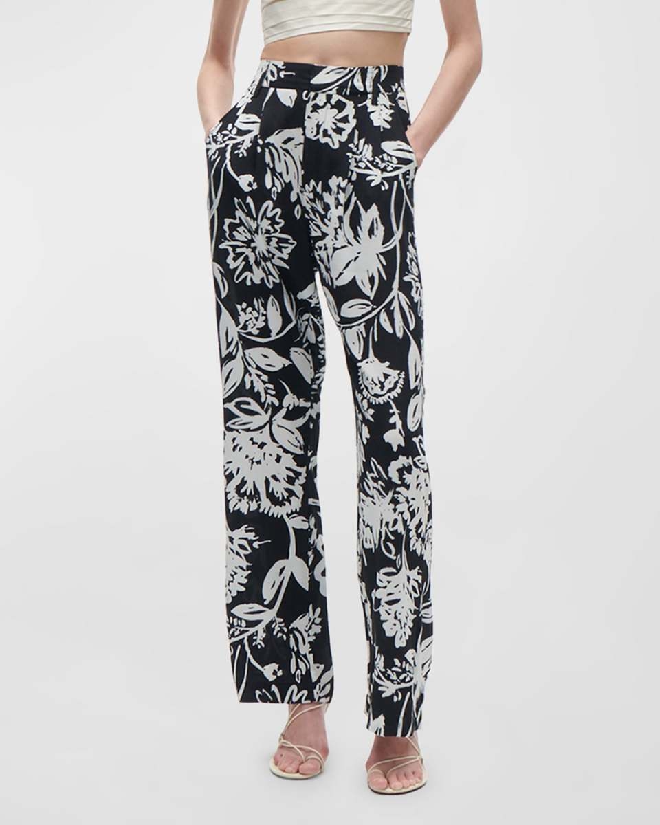 Hadley High-Rise Floral-Print Pleated Straight-Leg Pants