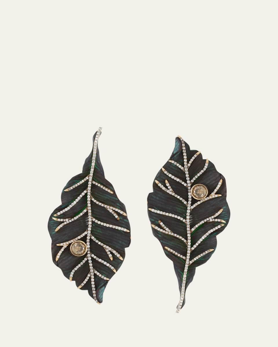 18K Yellow Gold Carved Leaf Wood Earrings with Diamonds
