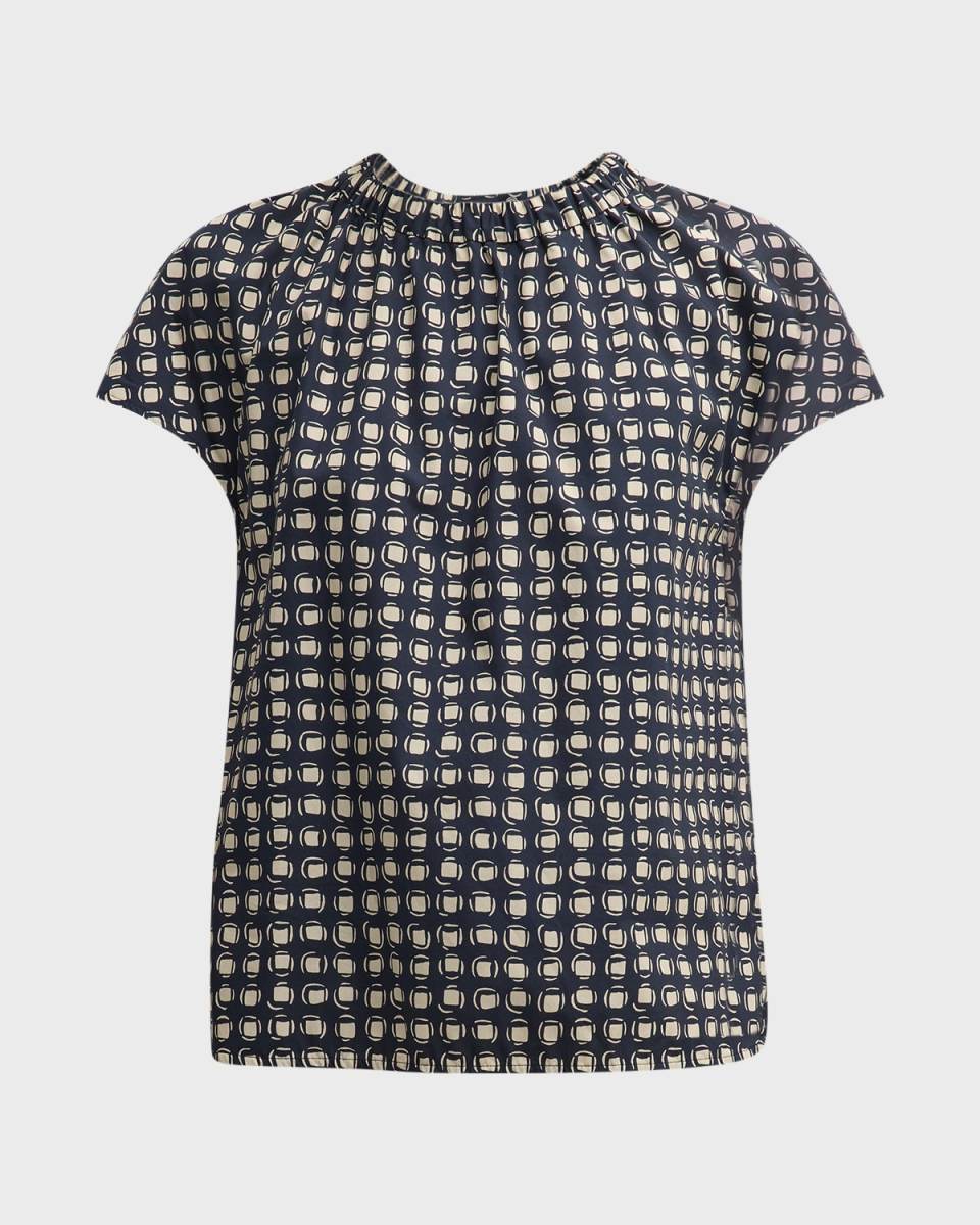 Licia Abstract-Print Cap-Sleeve Drawstring-Neck Cotton Top