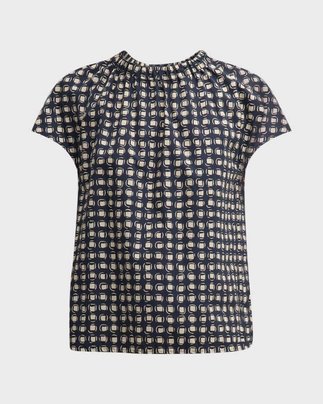 Licia Abstract-Print Cap-Sleeve Drawstring-Neck Cotton Top