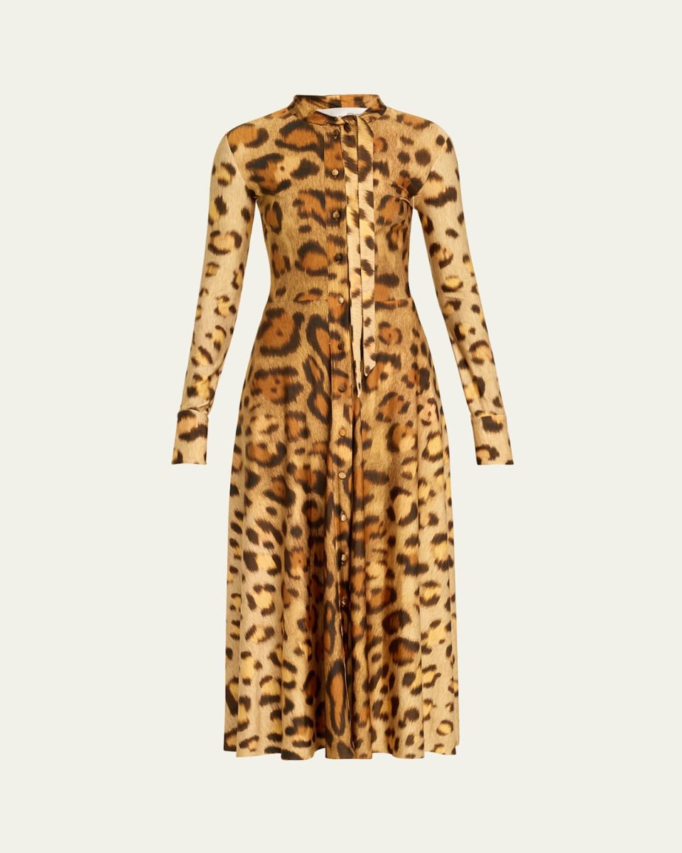 Jaguar Print Midi Shirtdress with Tie Neck