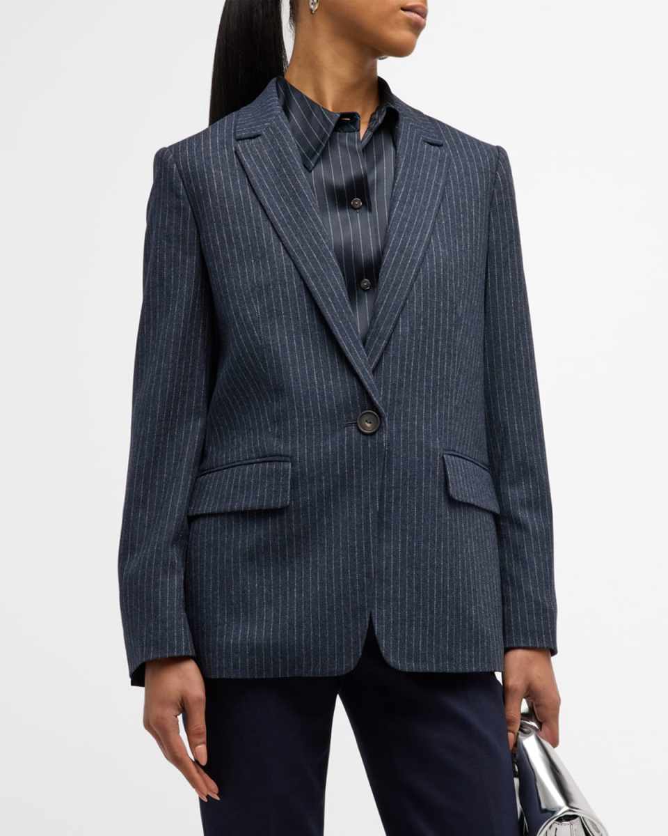 Pinstripe Wool-Blend Flannel Blazer