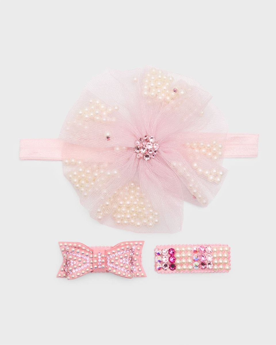 Girl's 3-Piece Embellished Tulle Headband and Clip Set