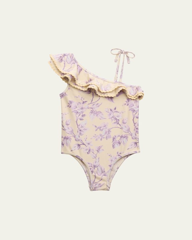 Girl's Halliday Floral-Print Frill One-Piece Swimsuit, Size 1-10