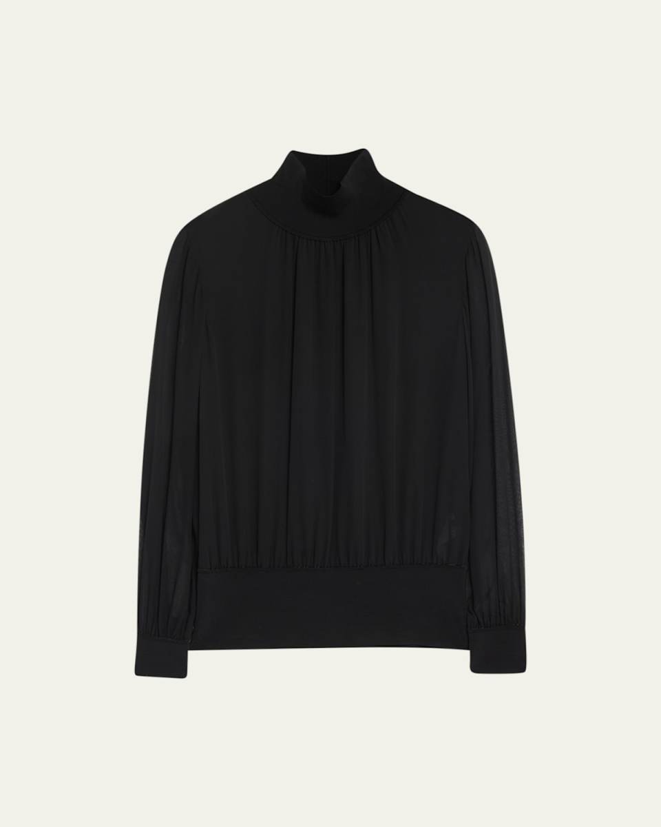 Turtleneck Blouson-Sleeve Silk Georgette Blouse