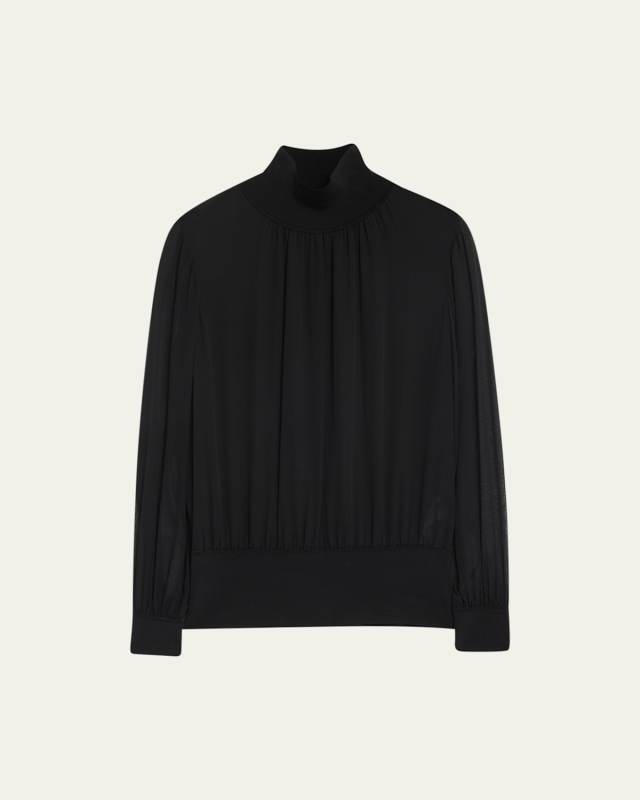 Turtleneck Blouson-Sleeve Silk Georgette Blouse