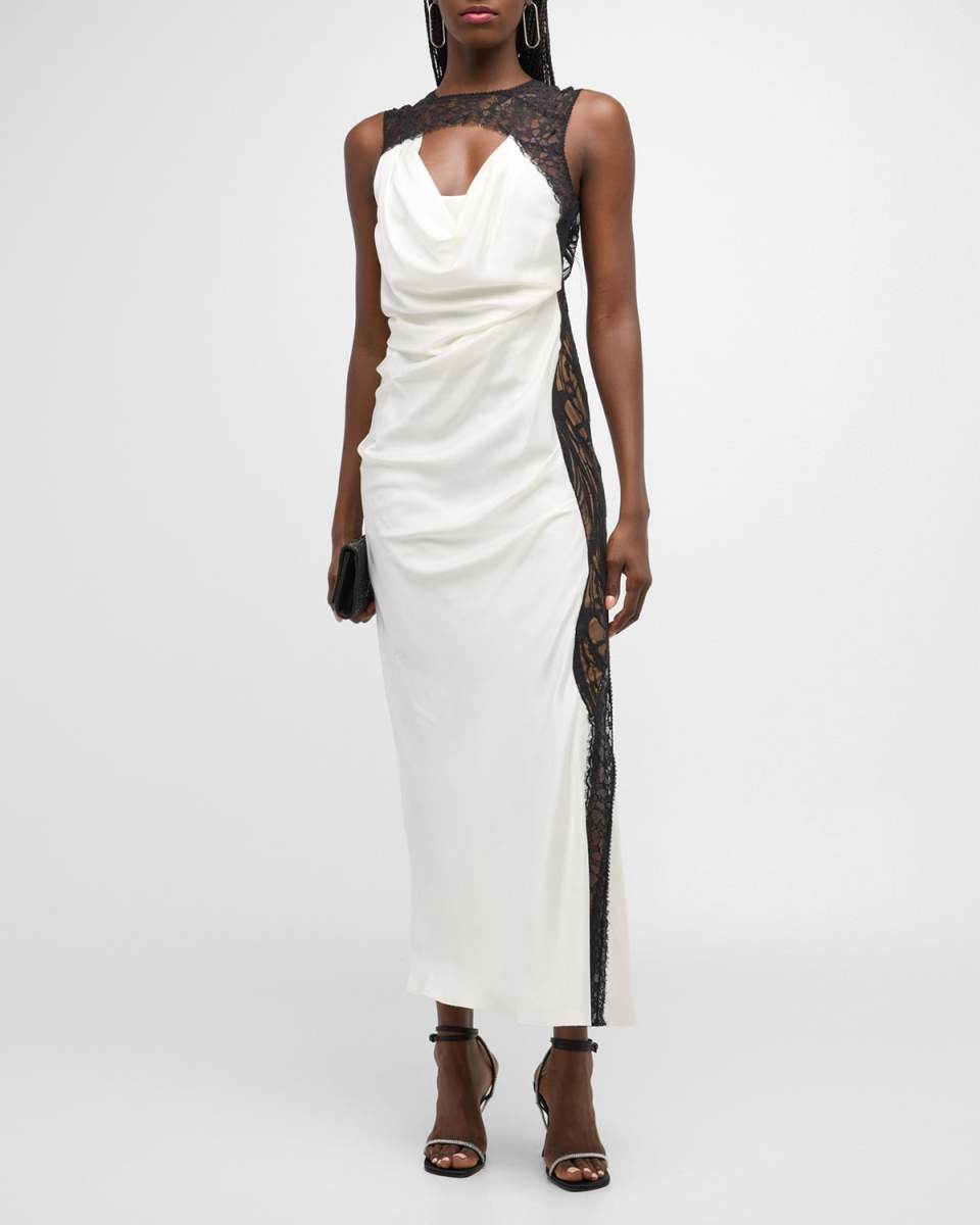 Vea Two-Tone Lace-Trim Cutout Column Gown