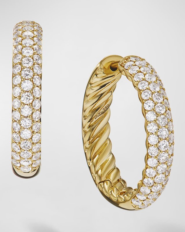 Sculpted Cable Hoop Earrings with Diamonds in 18K Gold, 5mm, 1"L