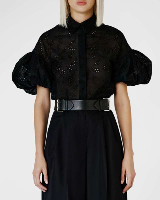 Eyelet Embroidered Puff-Sleeve Collared Shirt