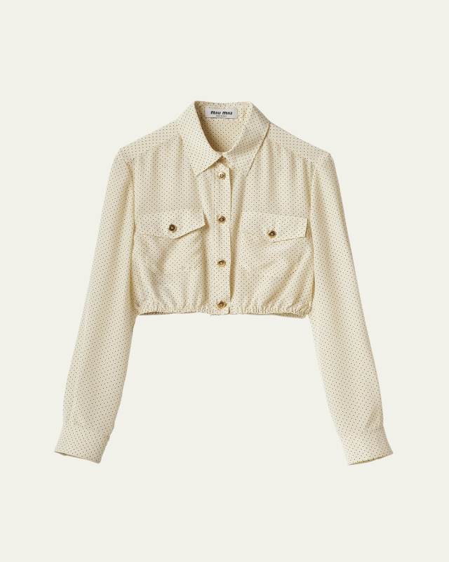 Polka Dot Cropped Button Down Silk Top