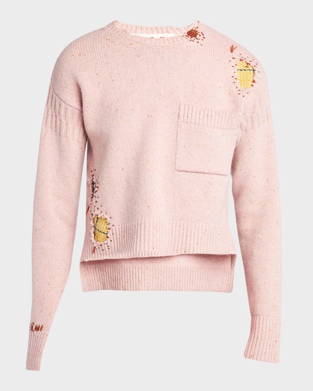 Patch Embroidered Crewneck Long-Sleeve High-Low Sweater