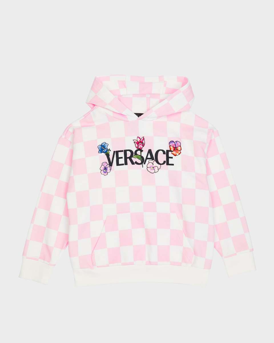 Girl's Damier Fleece Logo Flowers Embroidered Sweatshirt, Size 8-14