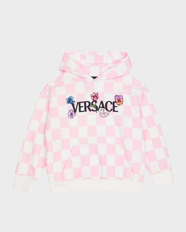 Girl's Damier Fleece Logo Flowers Embroidered Sweatshirt, Size 8-14