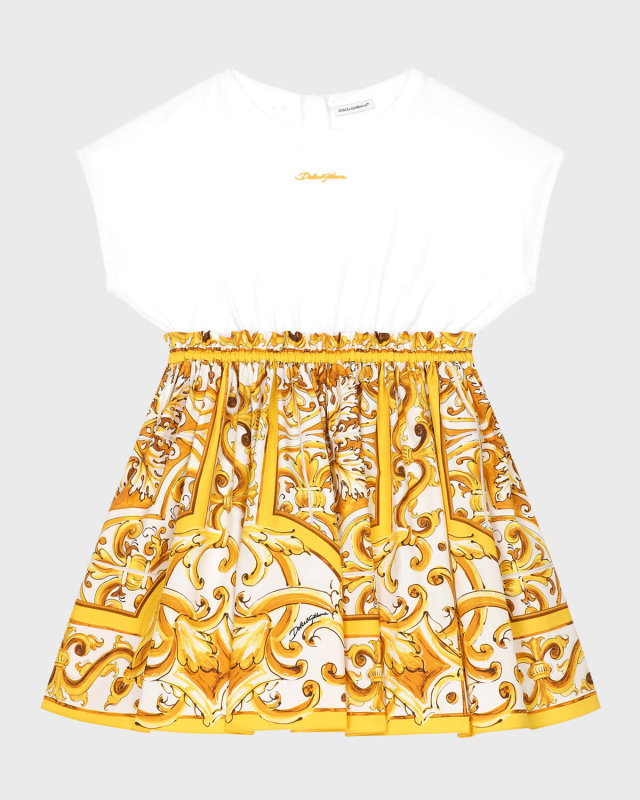Girl's Logo-Print Maiollica-Print Combo Dress, Size 4-6
