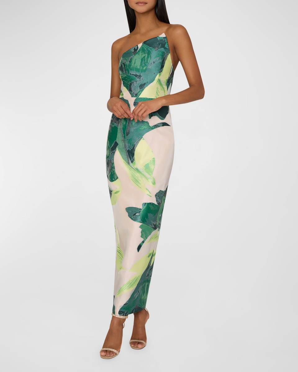 Asymmetric Strapless Botanical Jacquard Gown