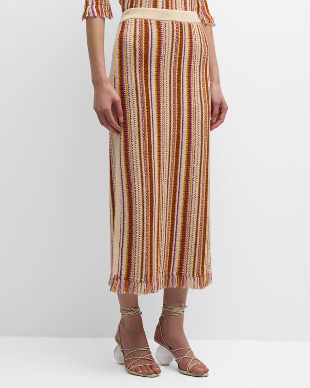 Cypres Striped Fringe-Trim Knit Midi Skirt
