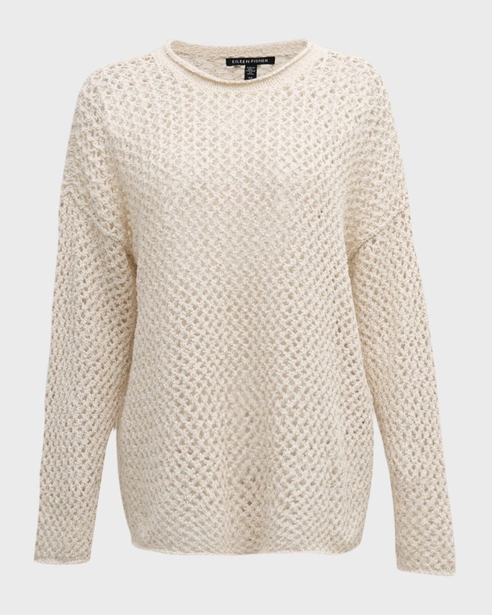 Crewneck Open-Stitch Boucle Pullov