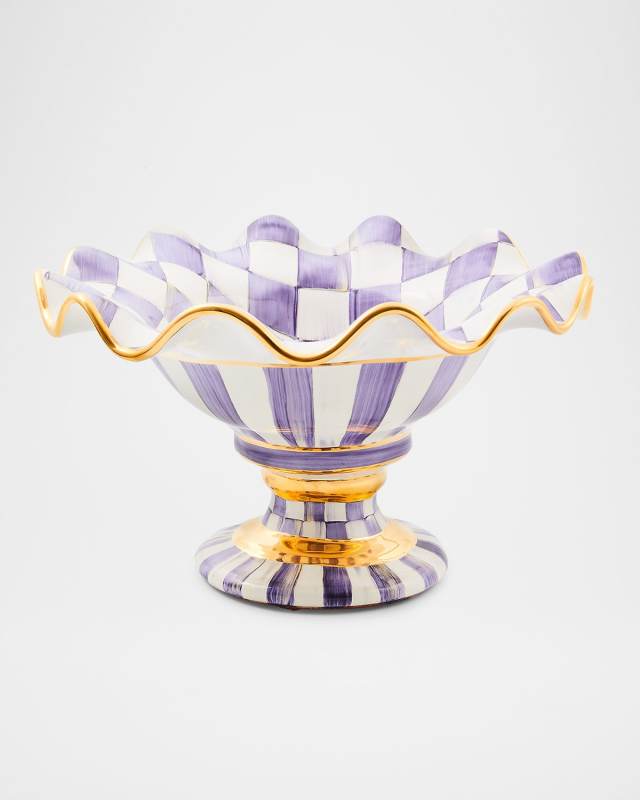 Plum Check Fluted Ceramic Compote