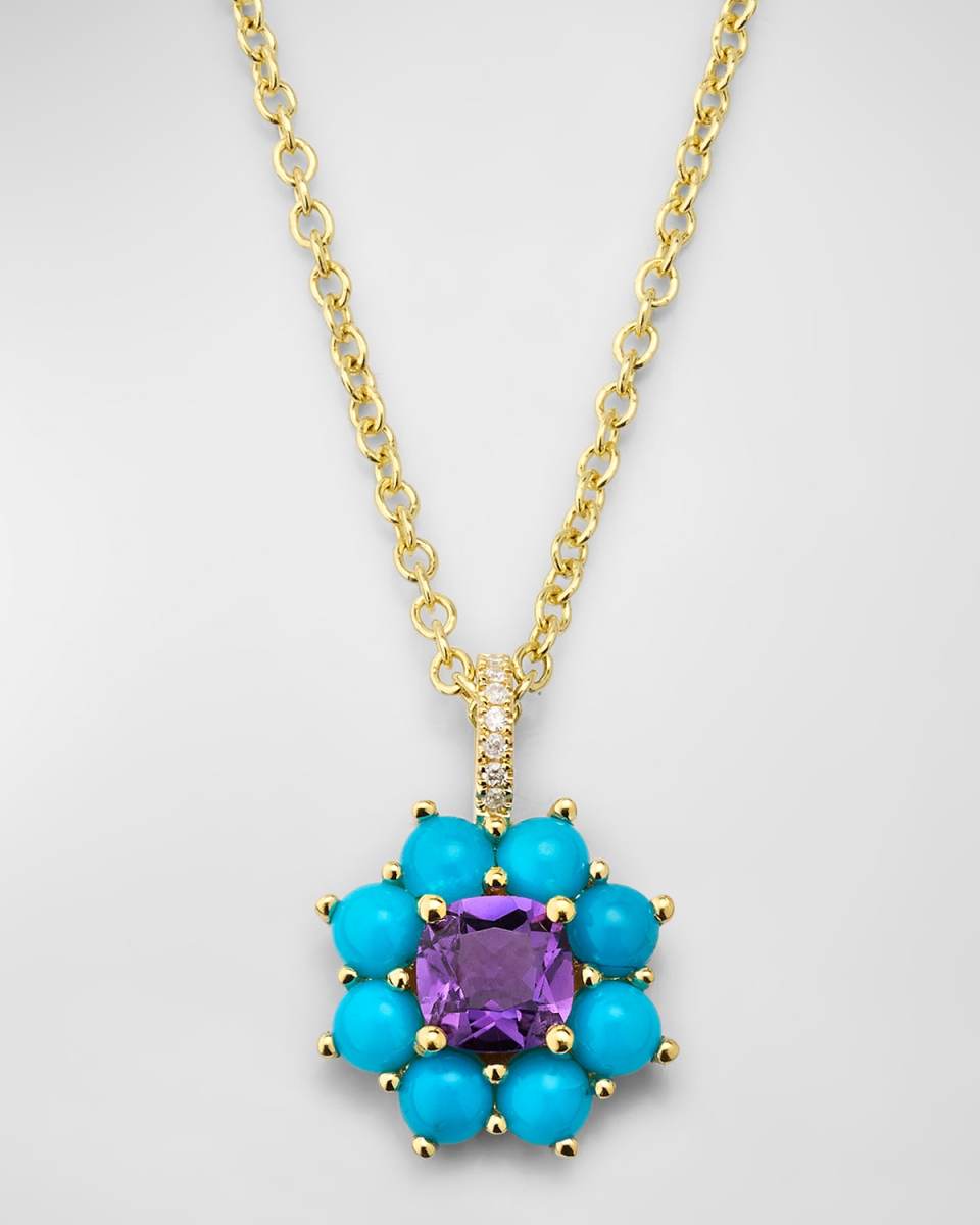 Petite Statement Turquoise Flower Pendant Necklace with Amethyst Center