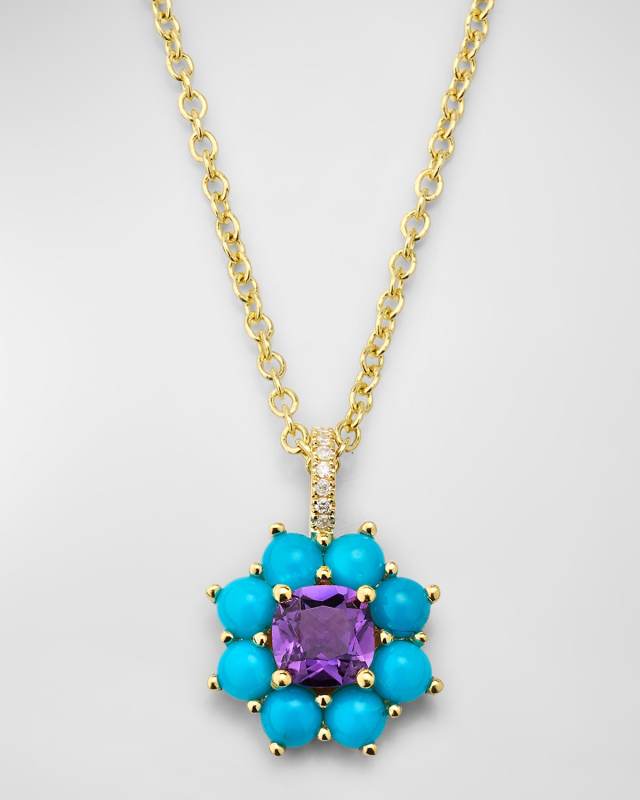 Petite Statement Turquoise Flower Pendant Necklace with Amethyst Center