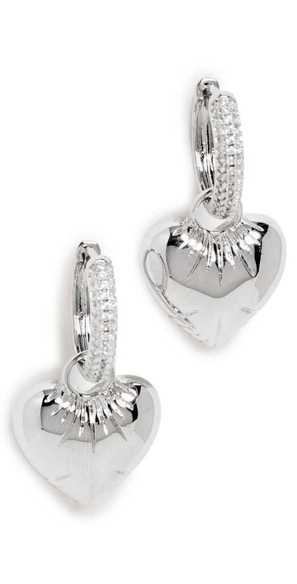 By Adina Eden Pave Dangling Puffy Heart Huggie Earrings Silver