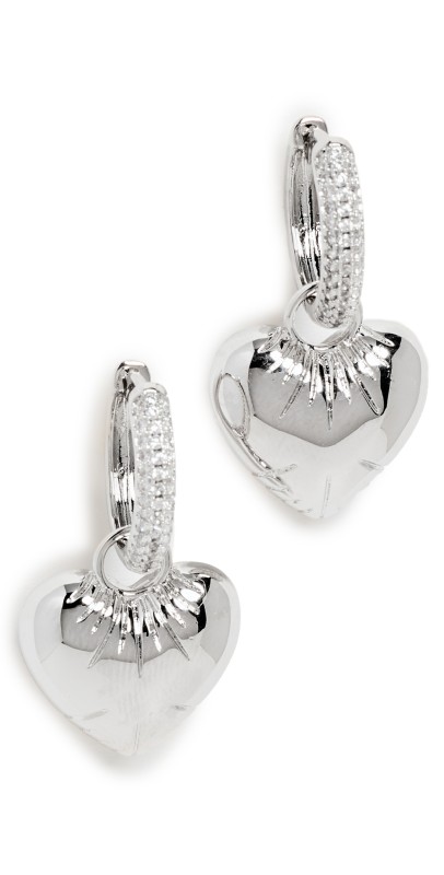 By Adina Eden Pave Dangling Puffy Heart Huggie Earrings Silver