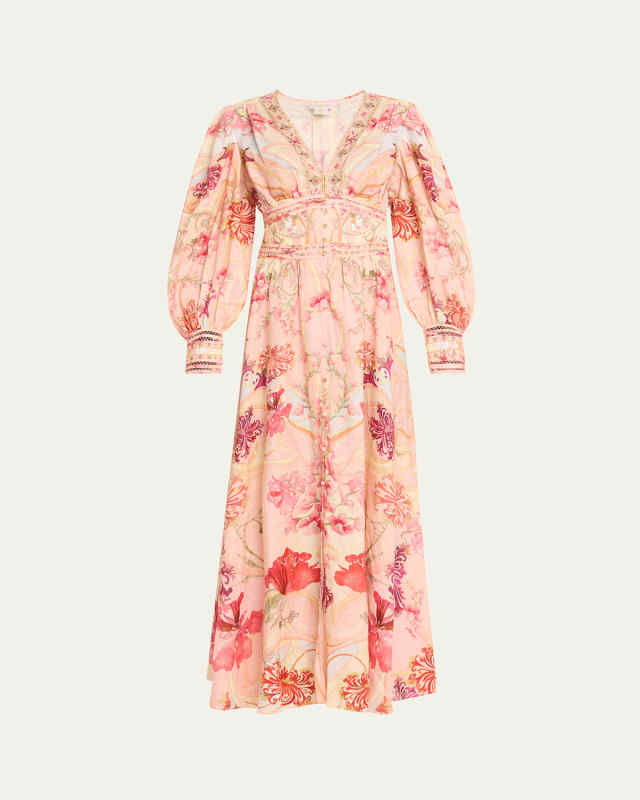 Floral Linen Shaped Waistband Maxi Dress