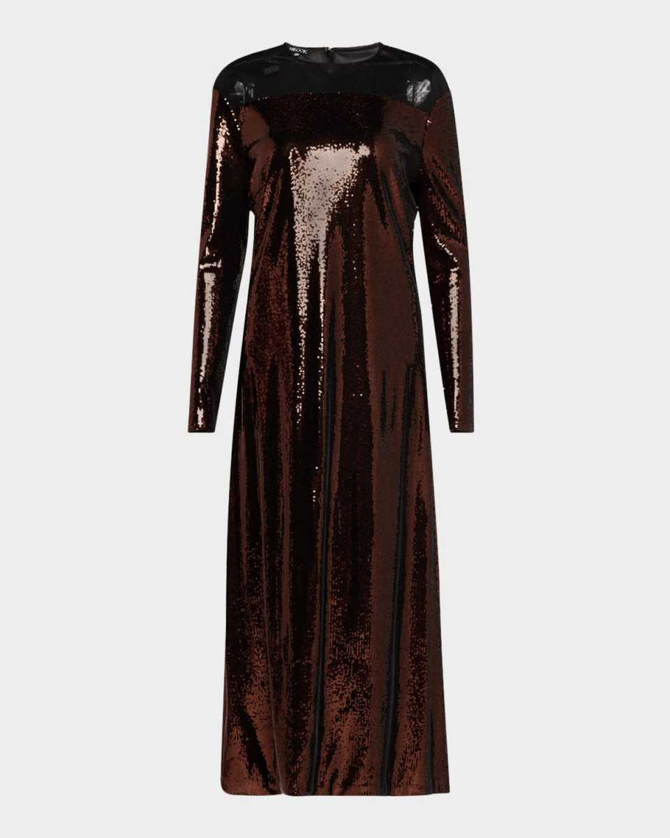 Sheer-Yoke Sequin Midi Dress