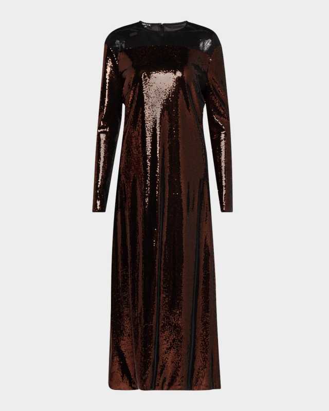 Sheer-Yoke Sequin Midi Dress