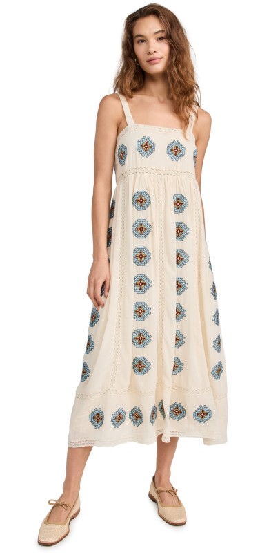 THE GREAT. The Roam Dress with Folklore Embroidery Cream