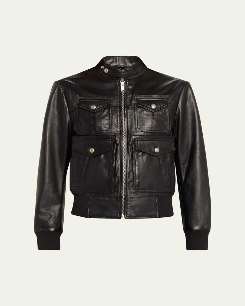 Shrunken Zip-Front Leather Jacket