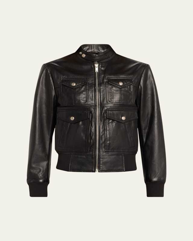 Shrunken Zip-Front Leather Jacket
