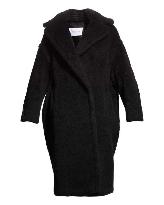 Alpaca-Silk Teddy Knit Coat, Black