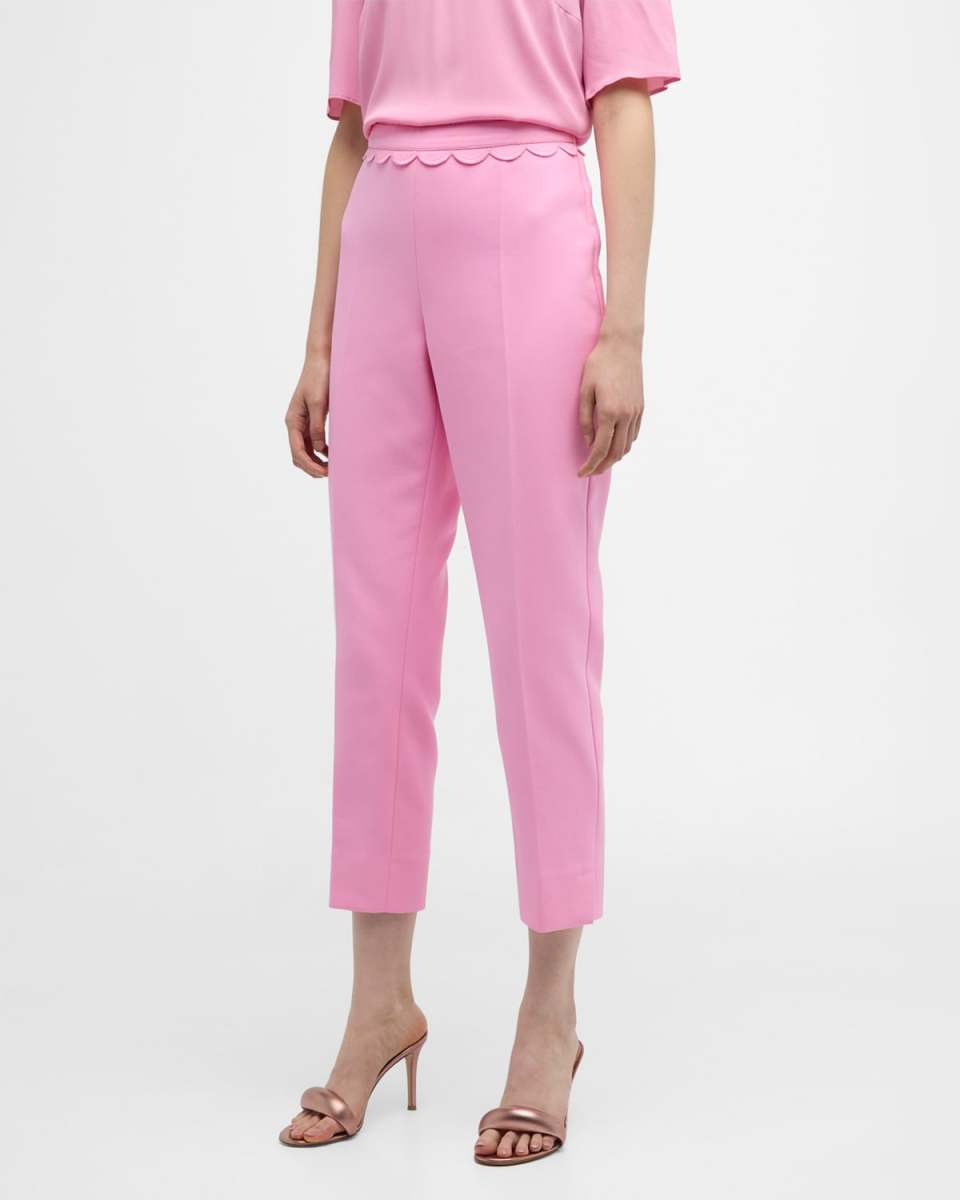 High-Rise Scalloped Waist Detail Slim-Leg Ankle Cotton Pants