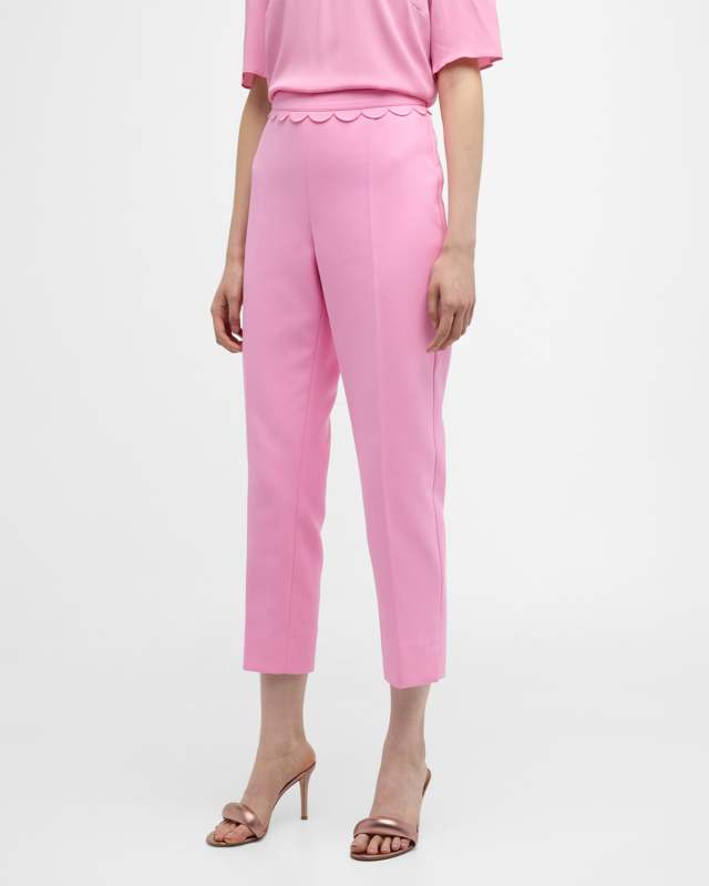 High-Rise Scalloped Waist Detail Slim-Leg Ankle Cotton Pants