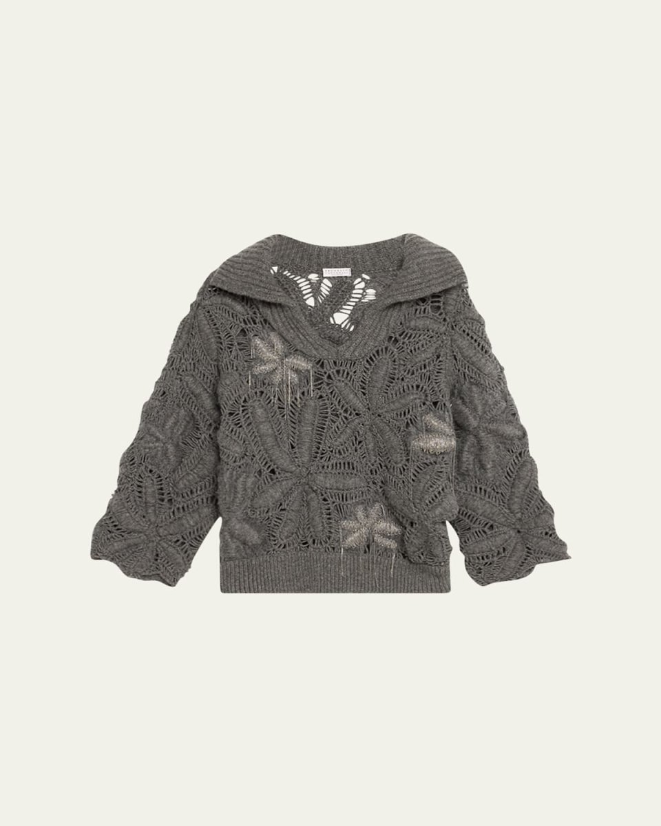 Opera Cashmere Floral Crochet Embroidered Knit Sweater