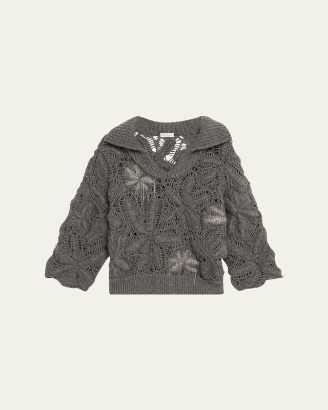 Opera Cashmere Floral Crochet Embroidered Knit Sweater