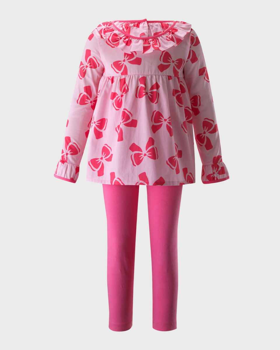 Girl's Bow-Print Frill Long-Sleeve Top and Leggings Set, Size 2-14