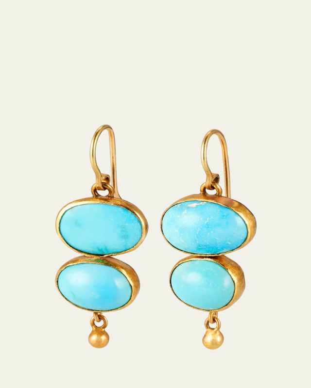 22K Yellow Gold Double Drop Persian Turquoise Earrings