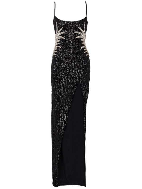 palm tree-embroidered sequinned gown