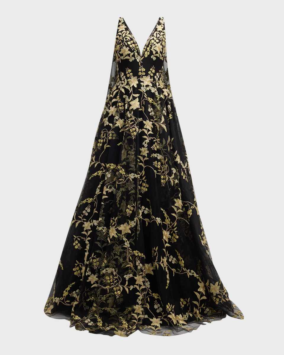 Sleeveless Floral-Embroidered Ball Gown