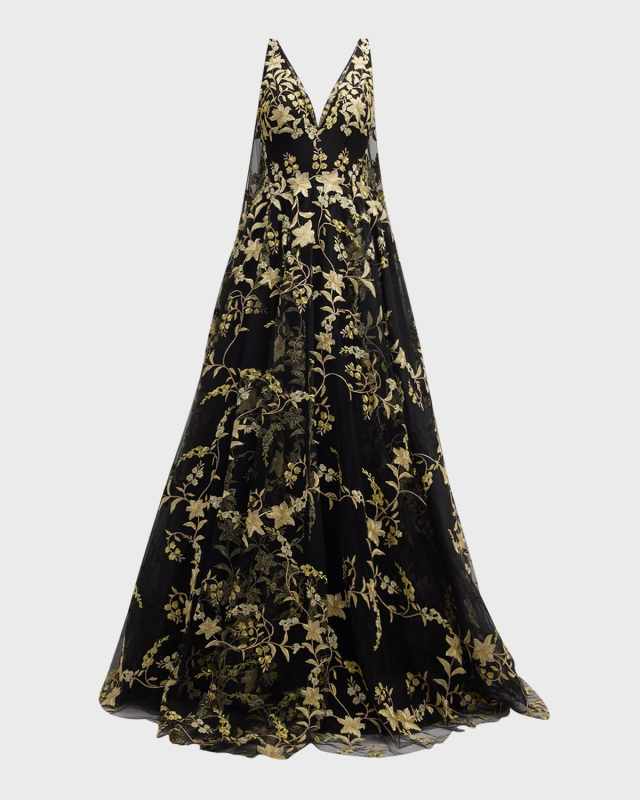 Sleeveless Floral-Embroidered Ball Gown