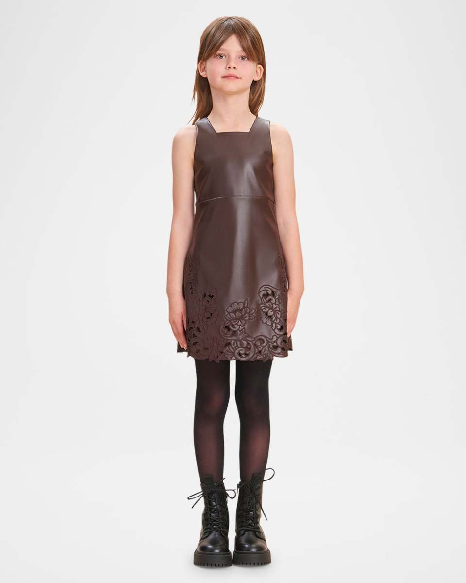 Girl's Minji Faux Leather Embroidered Dress, Size 4-12