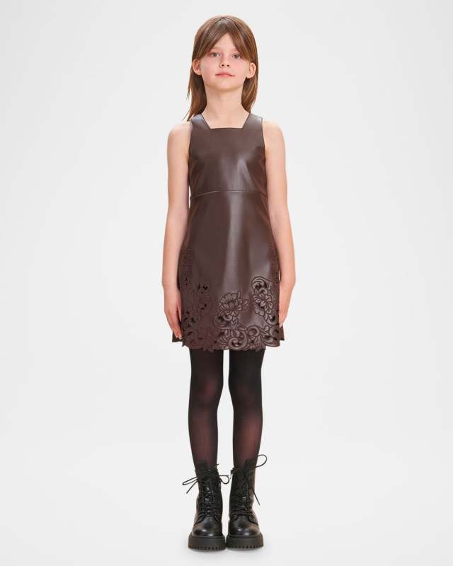 Girl's Minji Faux Leather Embroidered Dress, Size 4-12