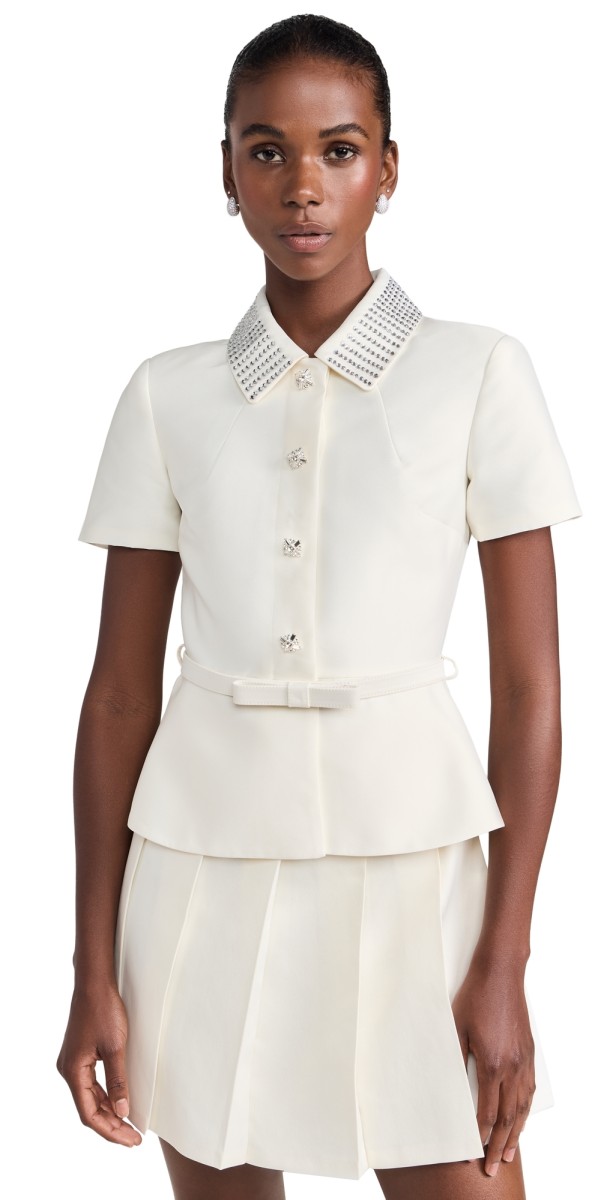 Self Portrait Cream Taffeta Diamante Mini Dress Cream