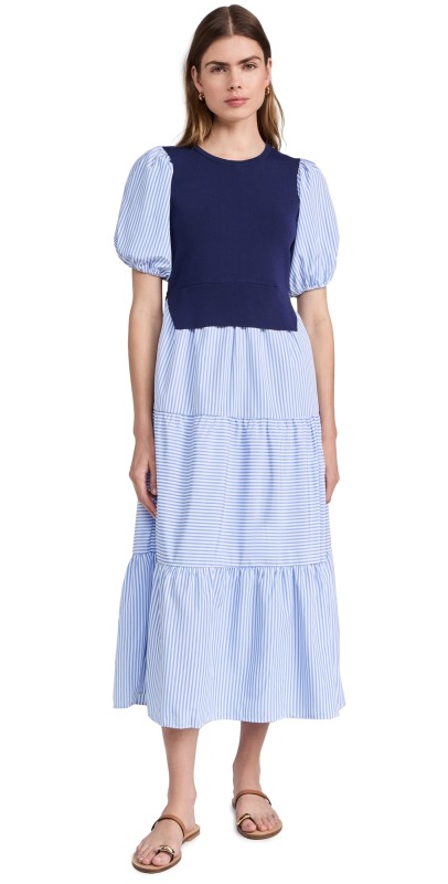 English Factory Striped Mixed Media Dress Navy/Stripe