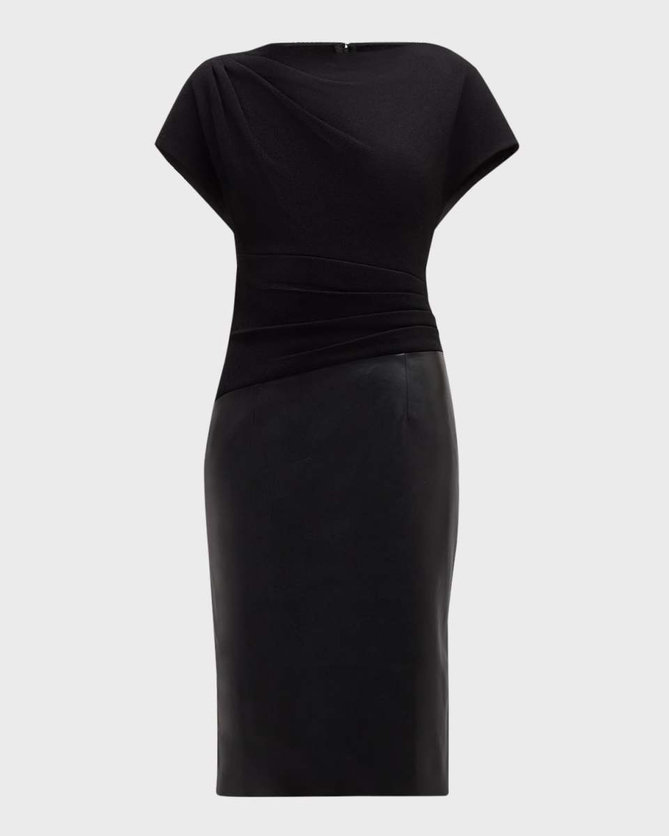 Pleated Crepe and Vegan Leather Dress